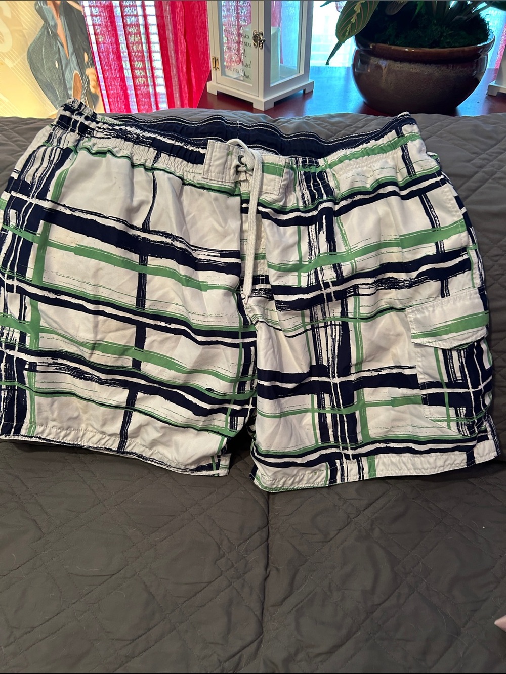 Sonoma White Swim Trunks with Green and Black Plaid